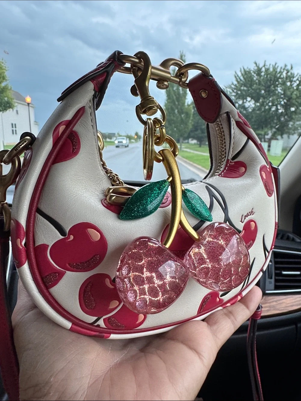 Coach White & Red Cherry Print Mini Shoulder Bag with Cherry Charm